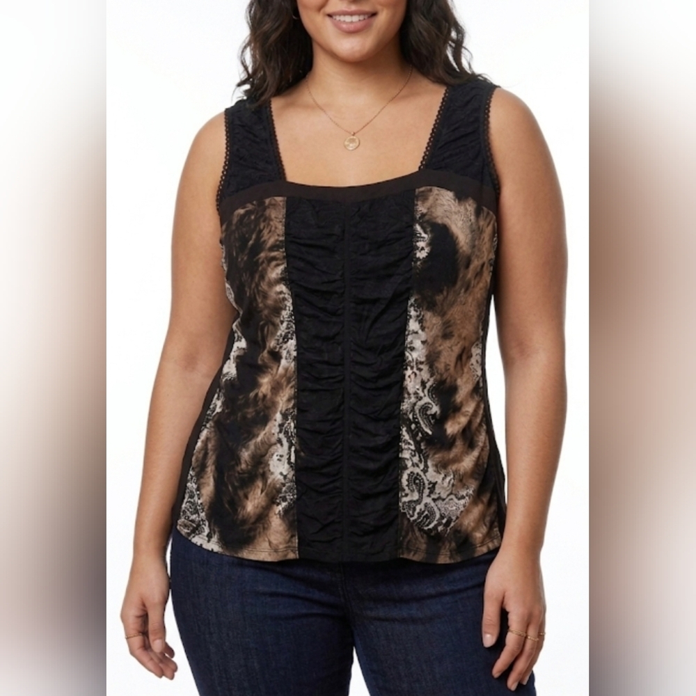 Frank Lyman Design Mixed Media Animal & Lace Print Ruched Tank Top Size:16